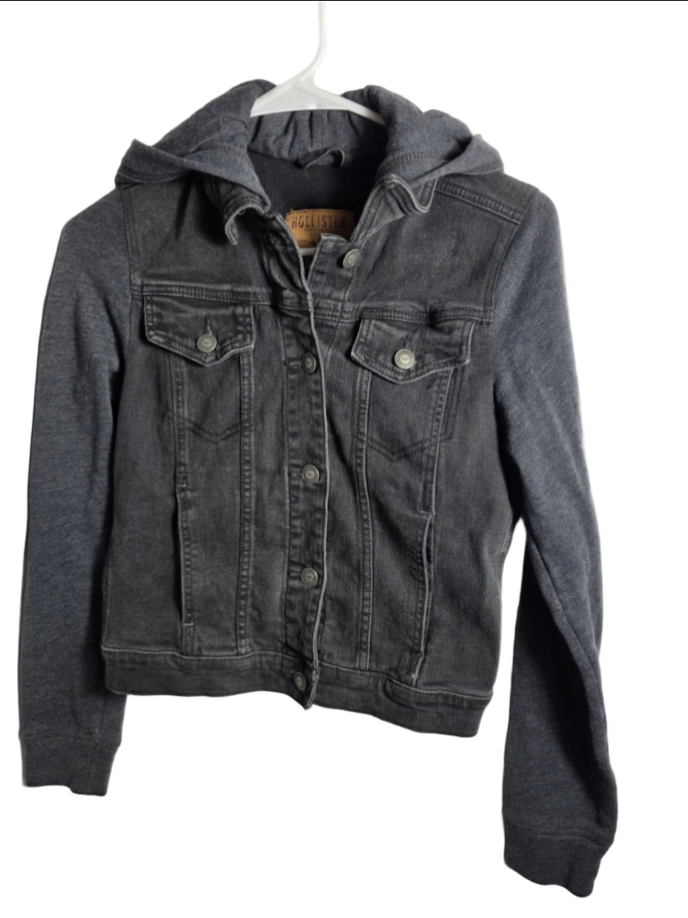 Women's Hollister Jean Jacket S Black Grey Hooded Denim Goth Punk Streetwear y2k